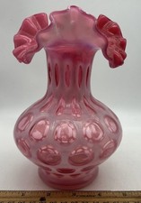 Fenton Cranberry Opalescent Coin Dot Ruffled Edge Cranberry Pink Vase 7” Tall picture