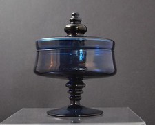 Vintage Cobalt Blue Covered Compote Wafer Stem Fruit Dessert Glass About 8