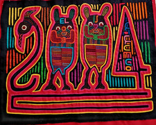 Vtg Kuna Mola Hand Stitch Textile Panel Panama Guna Folk Art Mice Rat Swan Bird picture