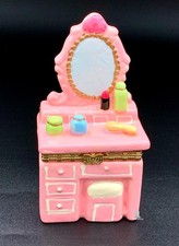 Pink Vanity Trinket Box Miniature Dressing Table Hinged Porcelain Jewelry Box picture