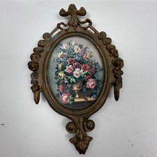 1950's Brass Framed Wall Hanger Ornate Metal 6x4 Floral Italy Photo MCM picture