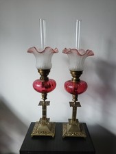 Pair Stunning Antique French Gaudard Cranberry Glass Oil Lamps Matching 20