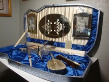 Vintage Golden Wheel Vanity Set 10 Pc Boxed Dresser Set Perfume Bottle Case picture
