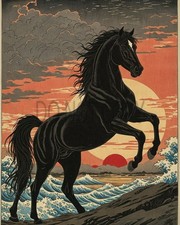 Japanese Woodblock Black Horse Rearing Ocean Sunset Art Print picture