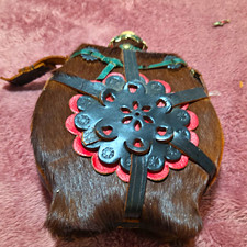 Vintage Brown Fur-Covered Flask w/ Leather Straps & Metal Medallion picture