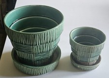 2 Matching McCoy Pottery Basketweave Tier Planters Green Vintage picture