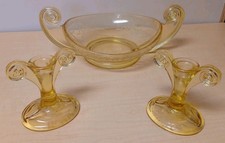 1930s Fostoria June Topaz Etched Centerpiece Bowl & 2 Candlestick Holders  picture