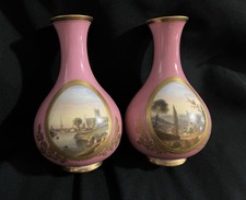 ANTIQUE K & B WORCESTER PAIR HAND PAINTED PORCELAIN VASES 1854-1862 PINK GOLD. picture