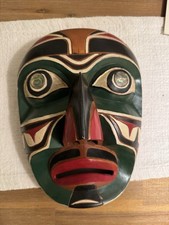 Gary Rice Coast Salish Hand Carved Wood Mask Abalone Eyes Signed Native Art 12” picture