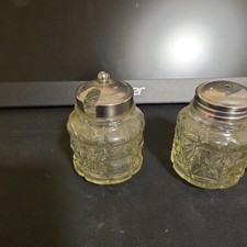 Vintage Clear Glass Salt And Pepper Shakers 2 1/4” Mustard Jar 2 1/2” picture