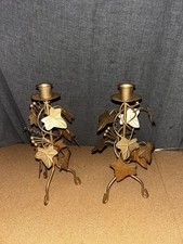 Vintage Set (2) Gold-Tone Metal Ivy Leaf Vine 3-Footed Candle Holders 10
