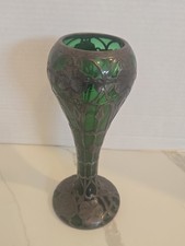 Antique Art Nouveau 999 Fine Silver Overlay Green Glass Vase Pattern 507 AS-IS picture