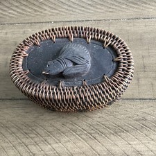 Vintage Indonesia Lombok Wood Rattan Lidded Basket With Animal picture