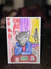 aceo art cards original watercolor - melancholy animals 1 of 4 - jazz cat picture