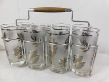 Vintage Libbey Silver Frosted Foliage Leaf Leaves Tumblers with Carry Rack s/8 picture