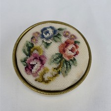 Vintage Petit Point Needlepoint Trinket Pill Box Mini Floral Gold Cream Cottage picture