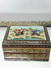 Vintage Persian Khatam Handpainted Trinket Jewerly Box W/ Hunting Scene picture