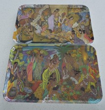 1960S HAWAIIANA TWO (2)  17” TRAYS EUGENE SAVAGE ROYAL LUAU & ALOHA ITALY MINT picture
