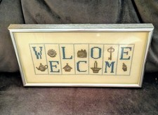 Completed Cross Stitch  Plaque Stand Sign Metal Charms Teapot basket Vtg. picture