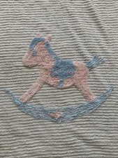 Vtg Chenille Pink Rocking Horse Baby Blanket Lightweight Bedspread 42x64 Adorabl picture
