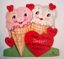 Vintage Valentine Card Anthropomorphic Ice Cream Cones 