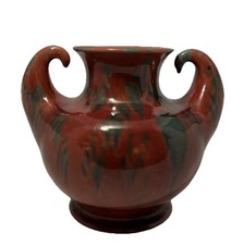 Vintage Awaji Pottery Art Deco Japanese Muscle Vase Red & Green Flambe Glaze picture