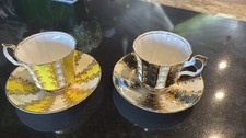 Elizabethan Fine Bone China Tea Cup & Saucer PAIR Yellow Black Gold Panels picture