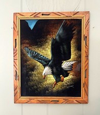 Vintage 70s mid century Velvet Eagle painting in wood frame picture
