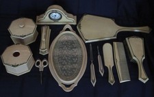 VTG Tuskeloid Celluloid Vanity Dresser Set 11 Items Art Deco Clock Lace Tray picture