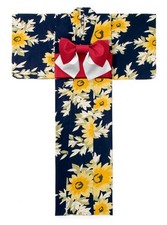 Japanese Summer Kimono Yukata and Obi set Navy Sunflower Floral pattern New picture