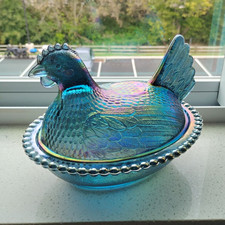 Iridescent Blue Carnival Glass Chicken Trinket Box Covered Dish picture