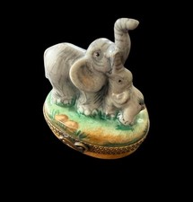 Rare Signed Limoges Peint Main Trinket Box Elephant Mother And Baby Chamille picture