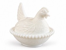 Vintage Indiana Glass Milk Glass Hen on Nest Covered Candy Dish Beaded Rim picture
