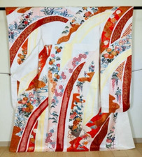 JAPANESE KIMONO FURISODE Pattern of Mandarin Duck, Flowers and Water Silk White picture