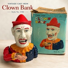 Vintage 1970s Cast Iron Clown Bank Astra Trading Esco Original Box 7” Style 1784 picture