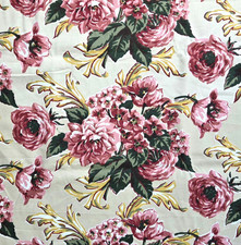 VTG 1940s Pink Cabbage Roses Tulips Scrolls On Ivory Barkcloth Era Fabric BTY picture