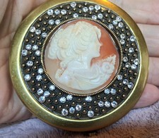 Amedeo Signed Carved Cameo Jeweled Rhinestone Dble Mirror Compact Purse Selfie picture