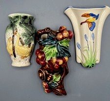 Lot 3 Vintage Japan Ceramic Wall Pockets Grapes Geese Palm Bird Hand Painted picture