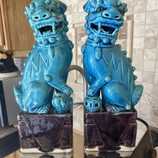 Vintage Asian Oriental Lion temple foo dog protector Statue Turquoise & black picture