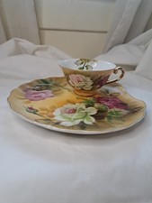 Beautiful Victorian Lefton China Snack Plate With Tea Cup Hand Painted Vintage picture