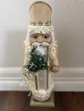 Vintage Wooden Santa Claus Nutcracker Figurine White Gold Elegant Holiday Decor picture