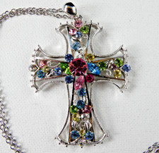 Lovely Pastel Rhinestone Cross Pendant w/ Chain Necklace Religious Silver Tone picture