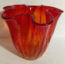 Hand Blown Amberina Handkerchief Art Glass Vase 5.25