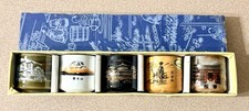 VTG Japanese Ceramic Sake Cups Set 5 New Old Stock Box Mt Fuji Geisha Japan NOS picture