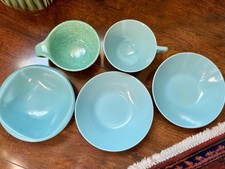 Vintage 5-Piece Aqua Blue Melamine Bowl/Cup Set Boontonware & Northern picture