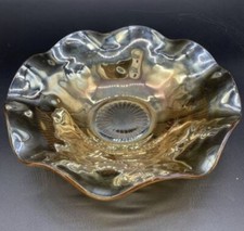 1950s Jeannette Glass Co Floragold Louisa Marigold Iridescent Large Bowl Ruffled picture