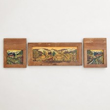 Huge Vintage 3 Pc Alpine Hand Carved Wood Wall Plaque Set Deer Mountain Scene picture