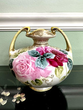 Antique Nippon Double Handled Vase Victorian Roses Gold Gilded Porcelain Signed picture