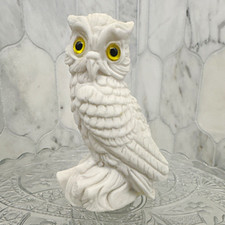 Vintage Italian White Alabaster Owl Figurine Hand Carved Stone Italy Yellow Eyes picture