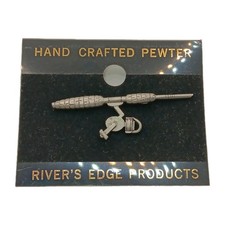 Estate Handcrafted Pewter Plated Fishing Rod Lapel Pin Tie Tack Hat Pin picture